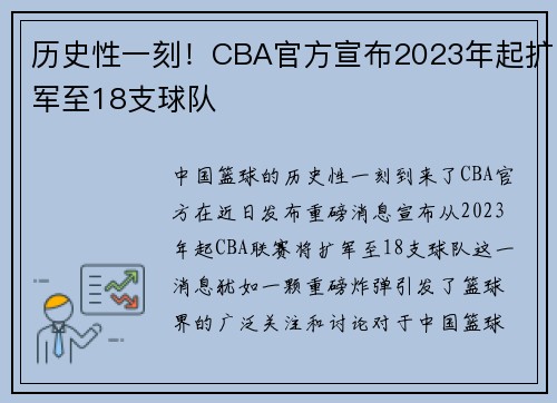 历史性一刻！CBA官方宣布2023年起扩军至18支球队